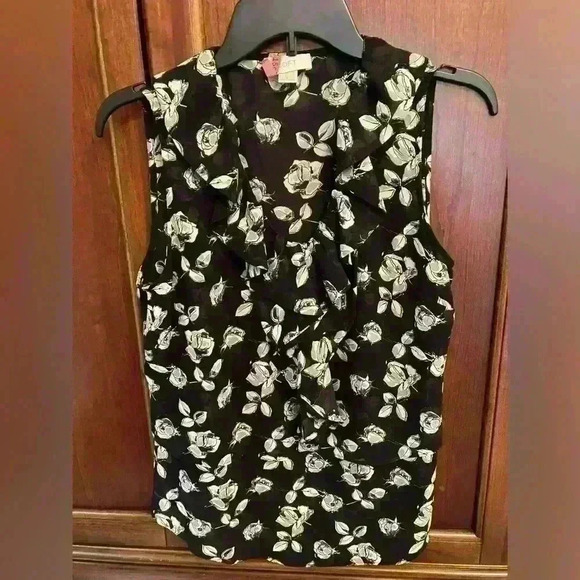 LOFT Blouse‎ Size Small Ruffle Layered Black With flowers - Picture 1 of 9